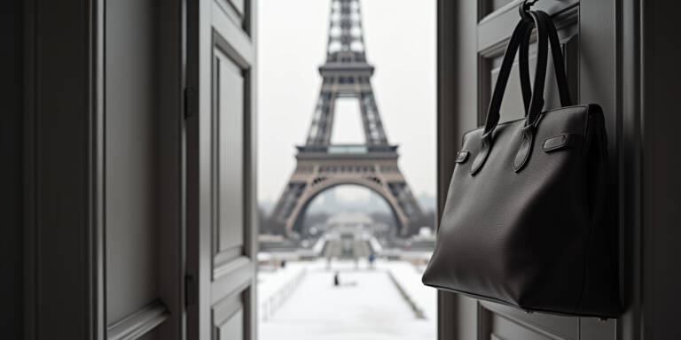 Luxury bag hanging on a door .The door is open showing the Eiffel tower