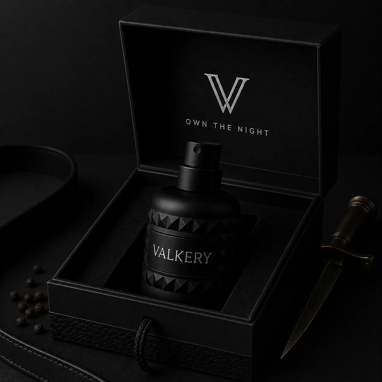 VALKERY luxury fragrance world with dark reptile texture and cinematic shadows