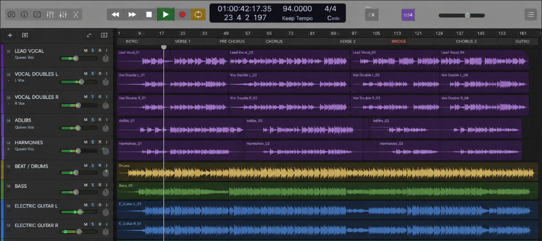 15 vocal track iterations in timeline