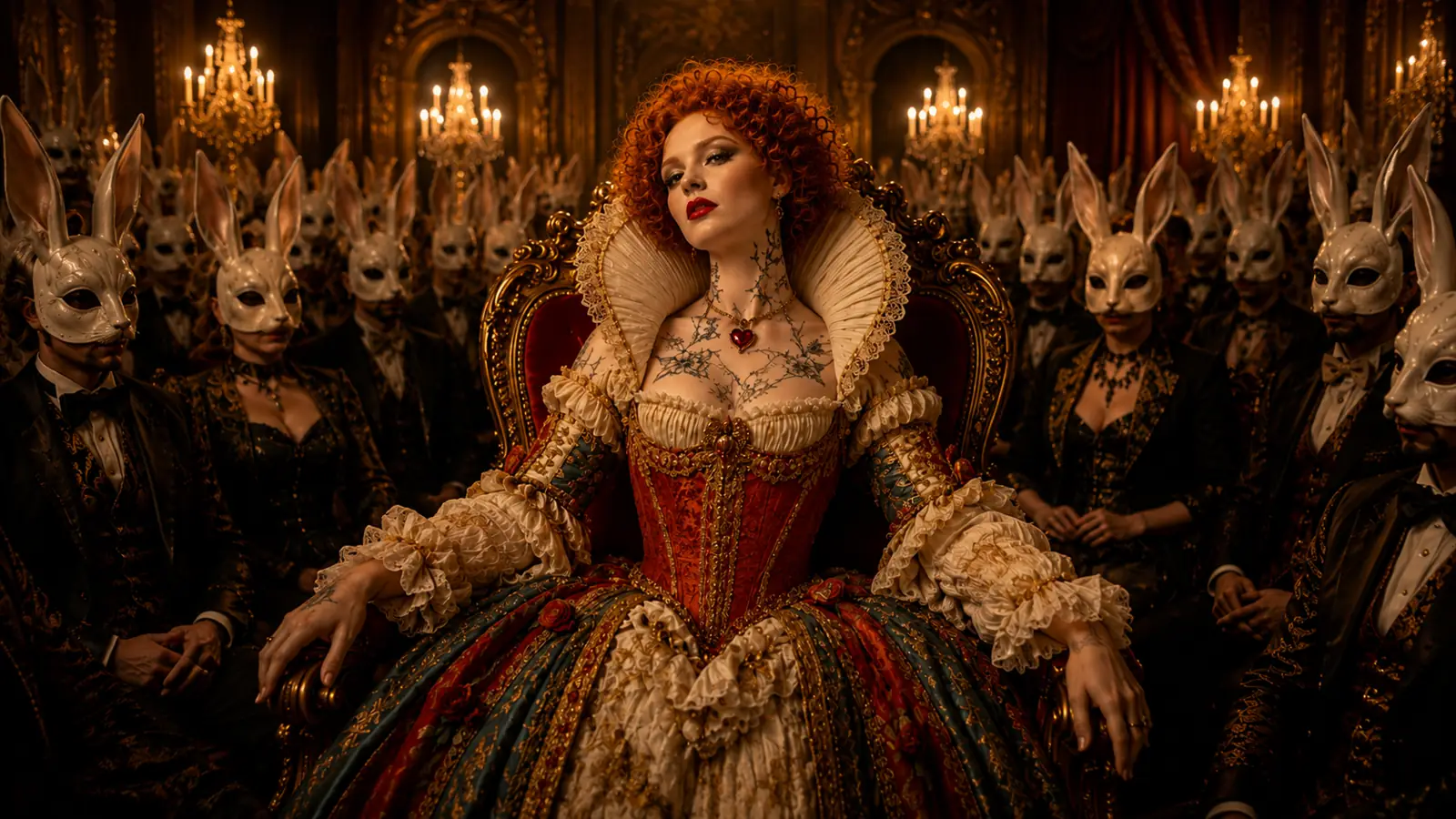 Queen flanked by rabbits