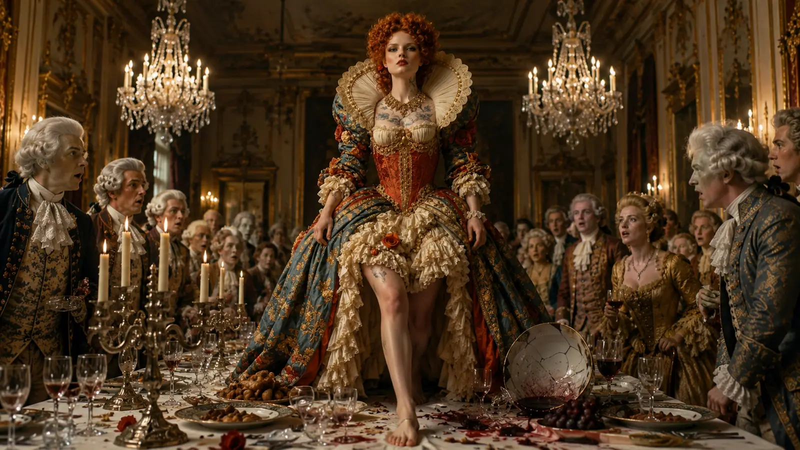 The Queen standing on the banquet table